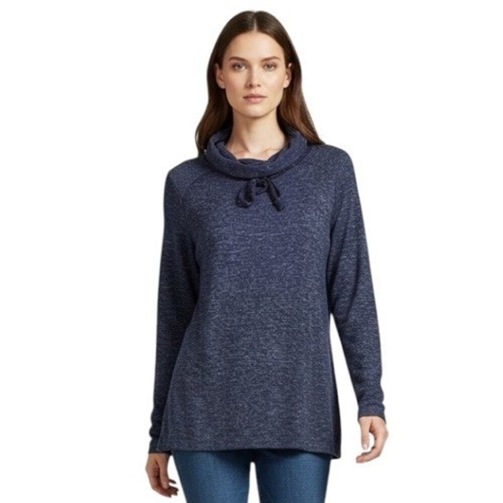 Chicos Weekends Cowl Neck Drawstring Navy Sweater Pullover Women Size 1-Medium